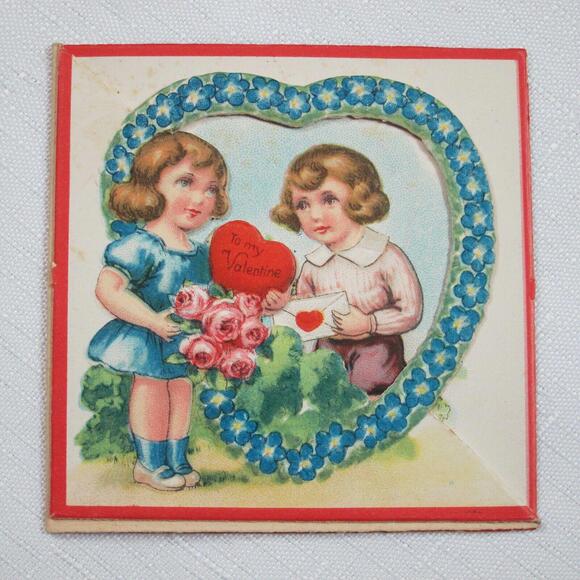 Vintage Valentine Card 1929 Fold Out Country Boy & Girl w/ Flowers Heart Germany - Picture 1 of 12
